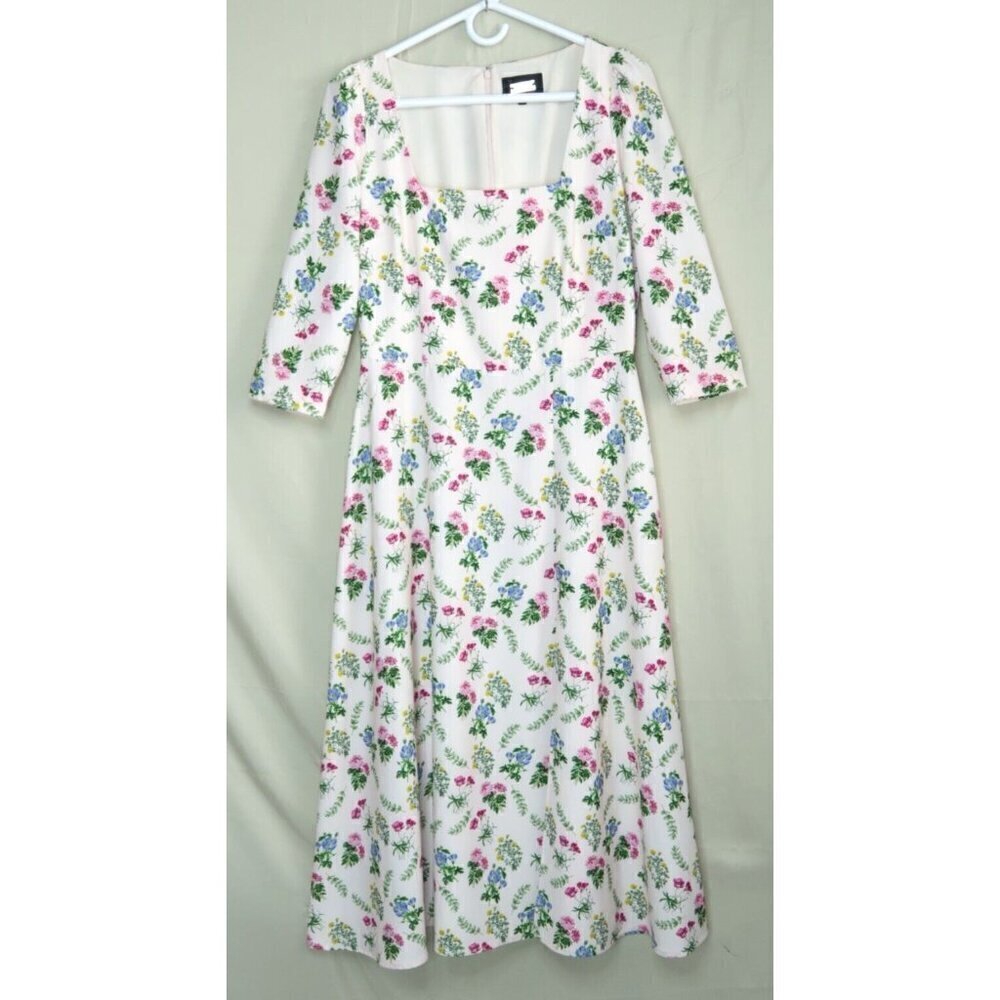 Alexia Admor White Floral Smocked Long Sleeve Midi Dress Stretch Size 10